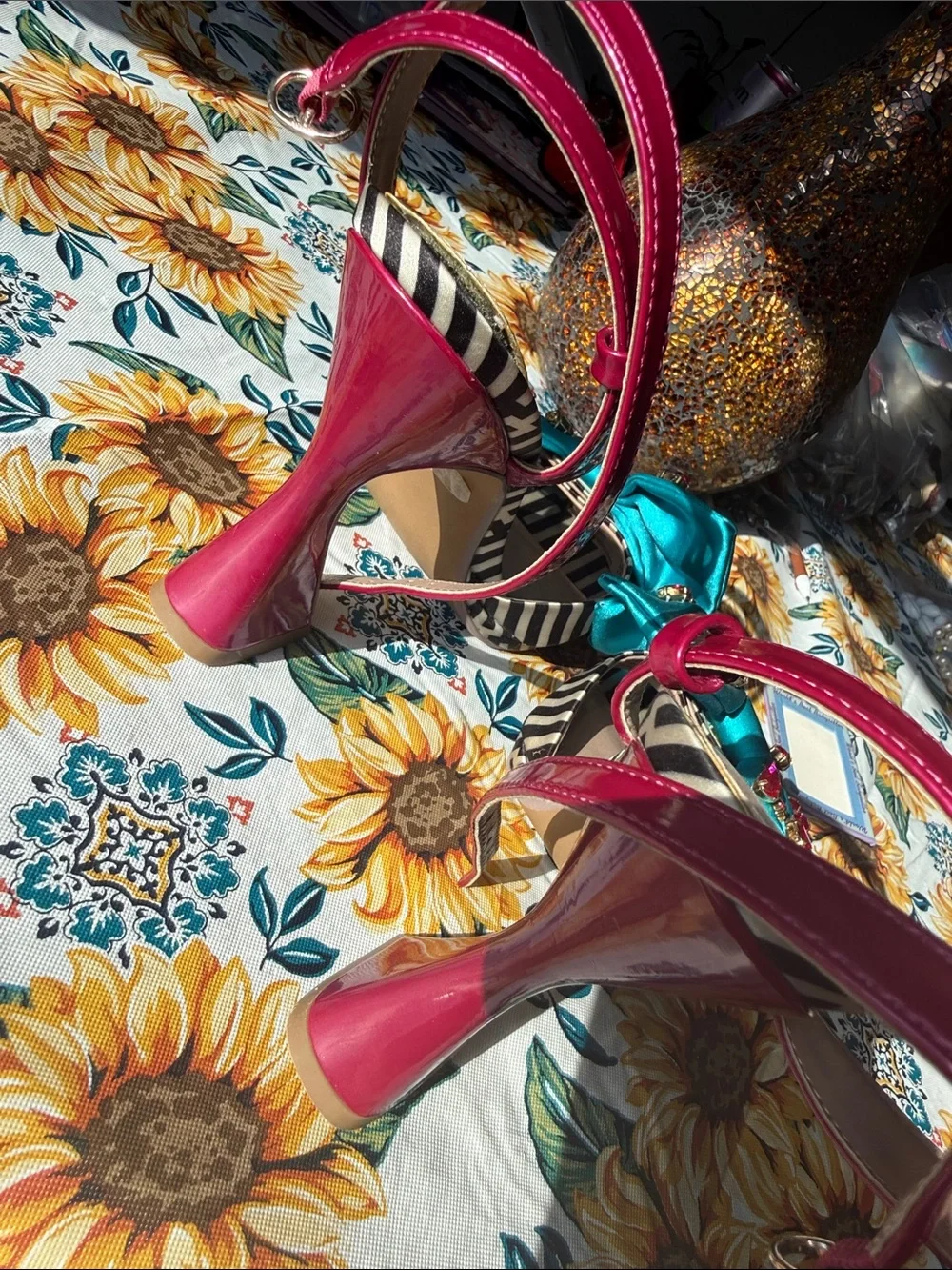 Betsey Johnson Turquoise Bow Slingback Sandals with Hot Pink Straps